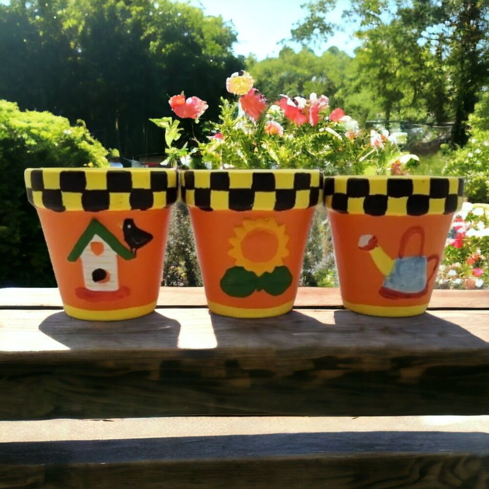 Set of 3 Ceramic Votive Candle Holders Flower Pot Birdhouse Sunflower Decor